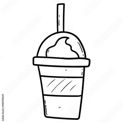 Hand drawn doodle milk shake with straw in a disposable cup on a white background.