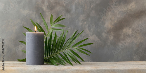 A lit candle placed beside lush green leaves adds a natural touch to the rustic ambiance, creating a serene and calming atmosphere in the cozy setting.