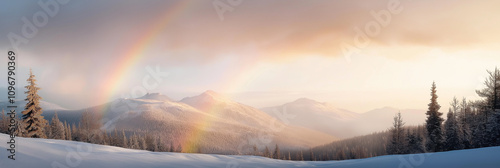 A breathtaking view of a snow-covered mountain range with a vibrant double rainbow arching across the sky, creating a magical and ethereal spectacle of nature. photo