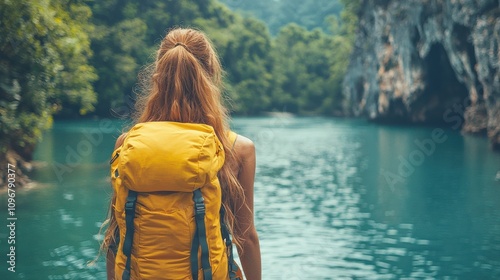 Fototapeta Naklejka Na Ścianę i Meble -  Young woman with yellow backpack enjoying serene lake view surrounded by lush greenery in a tranquil outdoor setting