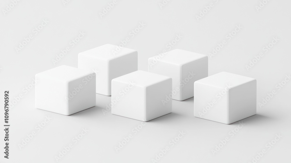 Five white cubes arranged on a light gray surface. Five white cubes arranged on a light gray surface.