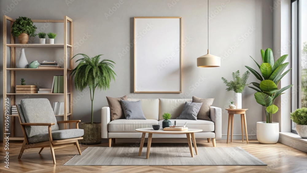 Fototapeta premium A Modern Living Room with a White Sofa, a Wooden Coffee Table, a Large Window, and a Tall Plant in a White Pot