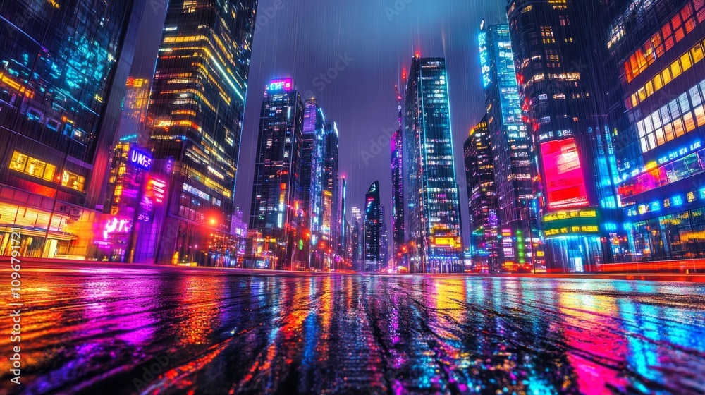 Vibrant city street at night, reflecting colorful lights in wet pavement. Vibrant city street at night, reflecting colorful lights in wet pavement.