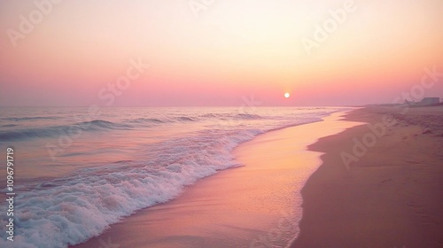 Serene sunset over calm ocean waves gently lapping sandy shore.