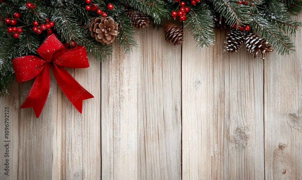 Festive arrangement with pine branches, berries, and a red bow.