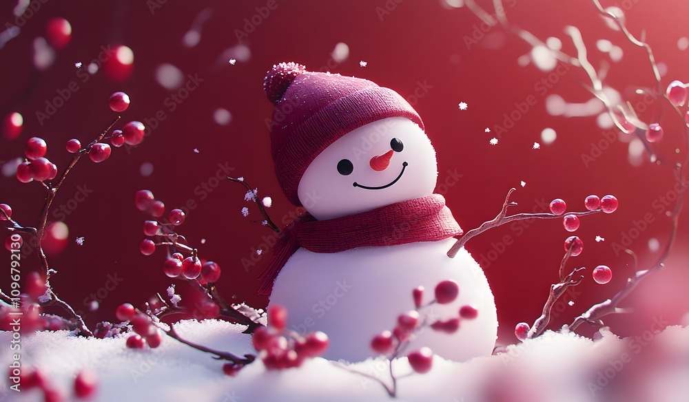 Obraz premium A cute snowman with a red hat and scarf, surrounded by white snow and hawthorn berries on a red background. The snow is falling gently around the scene. 