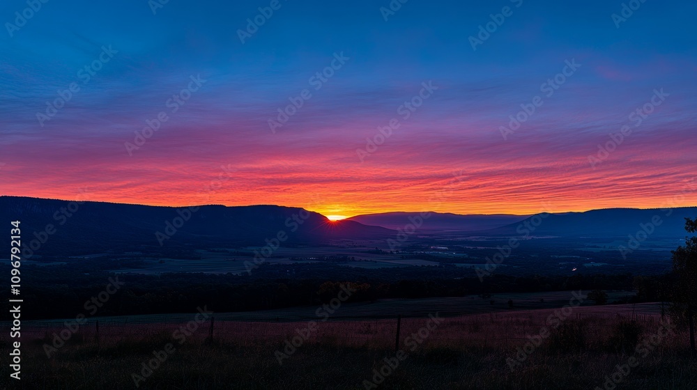 Vibrant sunrise over mountain range and valley. Vibrant sunrise over mountain range and valley.