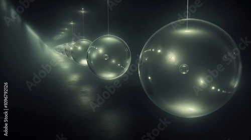A series of translucent spheres of varying sizes suspended in a dark void, each one glowing faintly and casting shadows on each other 32k, full ultra hd, high resolution
