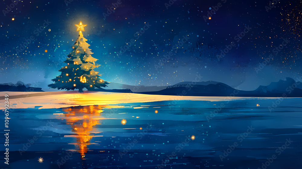 Starlit reflection of christmas tree on icy water. Frozen Starlit Night. Illustration Starlit reflection of christmas tree on icy water. Frozen Starlit Night. Illustration