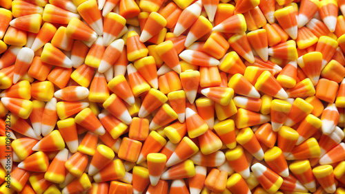 Close-up of vibrant candy corn on colorful background