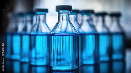 Close-up of multiple glass bottles filled with a vibrant blue liquid, likely a medical solution.