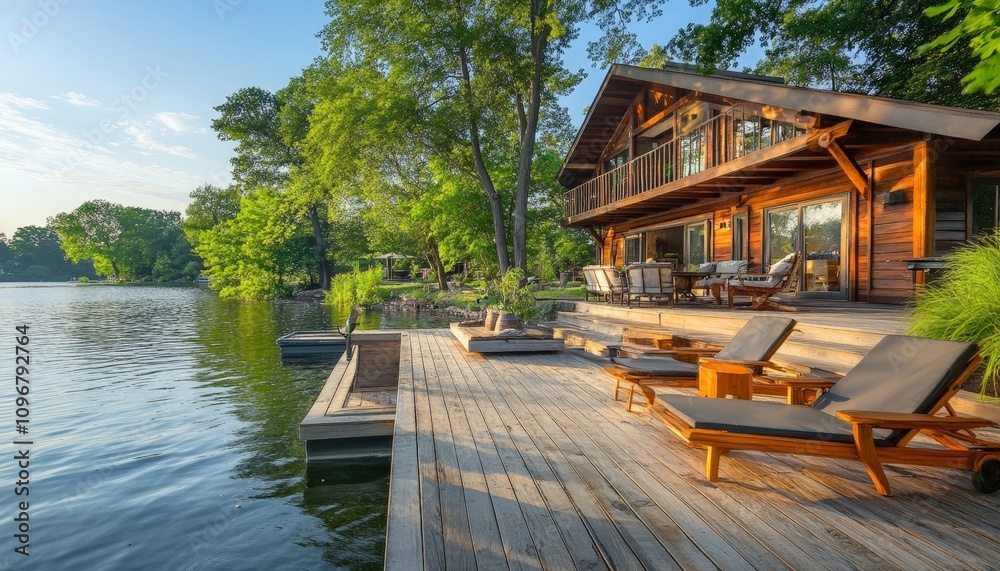 Tranquil lakeside cabin retreat with wooden deck and lounge chairs in summer Tranquil lakeside cabin retreat with wooden deck and lounge chairs in summer