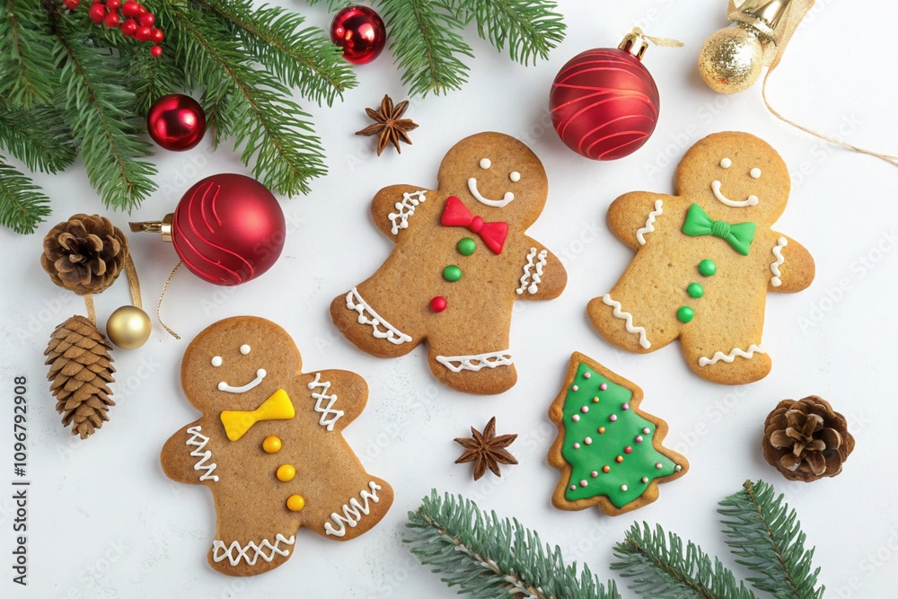 A charming display of homemade gingerbread man cookies alongside Christmas tree decorations, all set on a clean white background A charming display of homemade gingerbread man cookies alongside Christmas tree decorations, all set on a clean white background