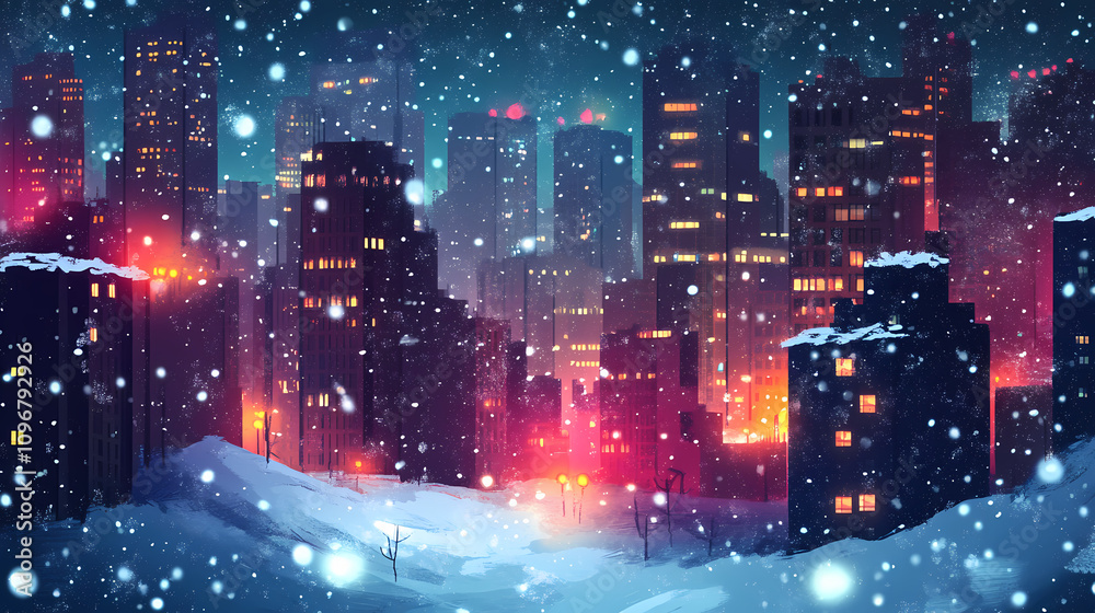 Magical winter night in a snowy cityscape with glowing lights and falling snow. Frozen Starlit Night. Illustration Magical winter night in a snowy cityscape with glowing lights and falling snow. Frozen Starlit Night. Illustration