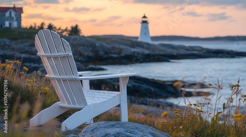 White wooden adirondack chair overlooking the rocky coastline and lighthouse in the distance, soft-focus background, shallow depth of field, dreamy, summer evening.