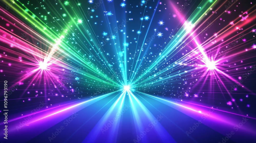 Vibrant neon light trails converge at vanishing point, creating a dynamic, colorful, and energetic abstract background. Vibrant neon light trails converge at vanishing point, creating a dynamic, colorful, and energetic abstract background.