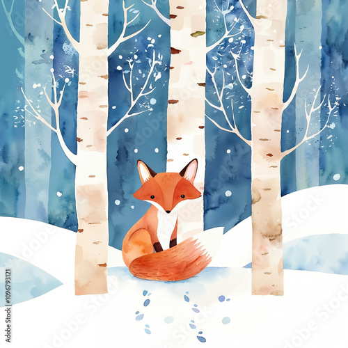 Cute Fox in Woods, picturesque winter scene, wildlife preservation, festive print, nature-inspired theme, soothing atmosphere, New Year and Christmas theme