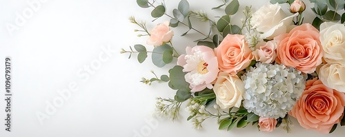 A delicate arrangement of assorted pastel hued flowers, including roses, peonies, and hydrangeas, intertwined with sprigs of fragrant eucalyptus leaves, set against a crisp white background.