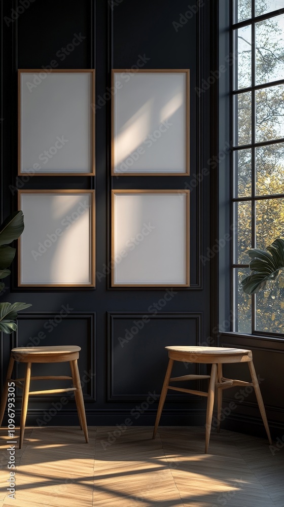 Stylish interior with two wooden stools and blank frames on a dark wall Stylish interior with two wooden stools and blank frames on a dark wall