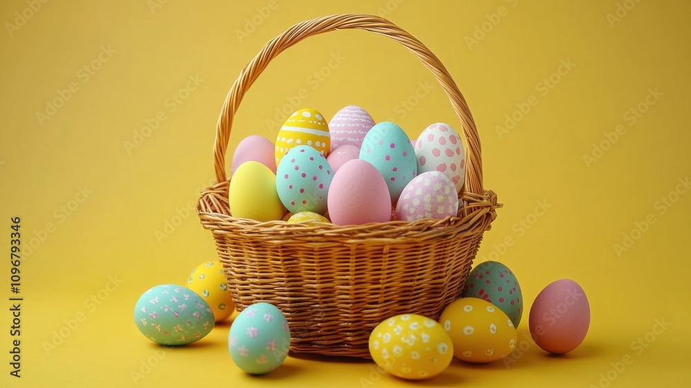 Easter Basket with Eggs on Yellow Background Easter Basket with Eggs on Yellow Background