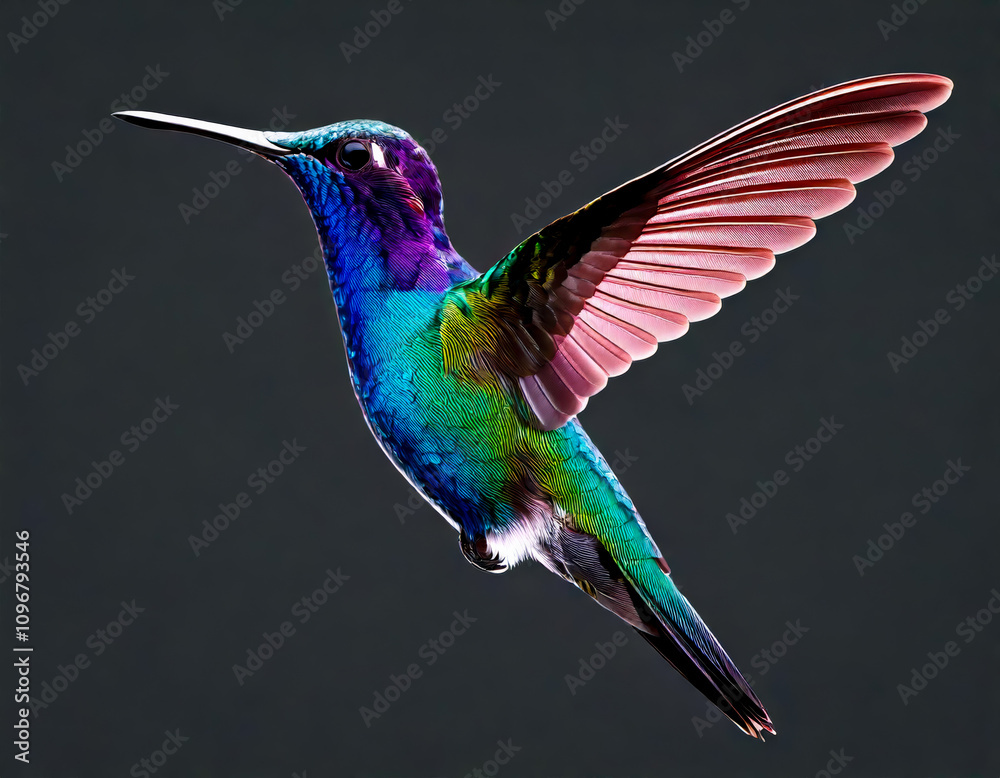Fototapeta premium artistic hummingbird in flight with wings outstretched, full of color