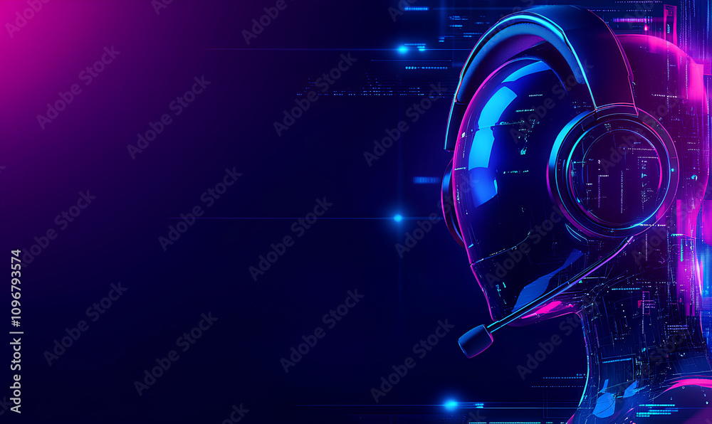 Photo of an AI robot call center agent with a headset, set against a futuristic technology background Photo of an AI robot call center agent with a headset, set against a futuristic technology background