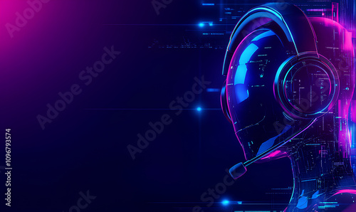 Photo of an AI robot call center agent with a headset, set against a futuristic technology background