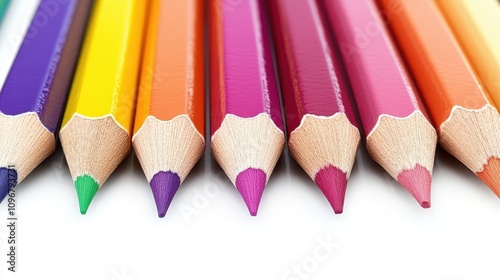 Close-up of sharpened colored pencils arranged in a row on white background.