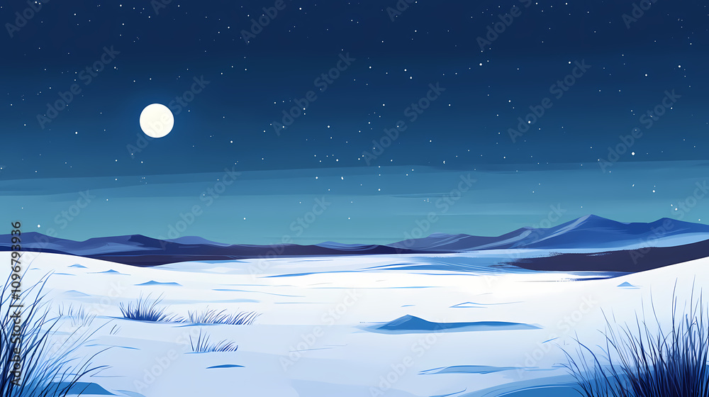 Naklejka premium A cold winter night with snow-covered fields under a clear, starlit sky, the moon casting a gentle glow over the serene landscape. Frozen Starlit Night. Illustration