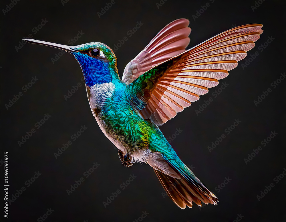 Fototapeta premium a colorful hummingbird hovering with wings spread wide and vivid hues