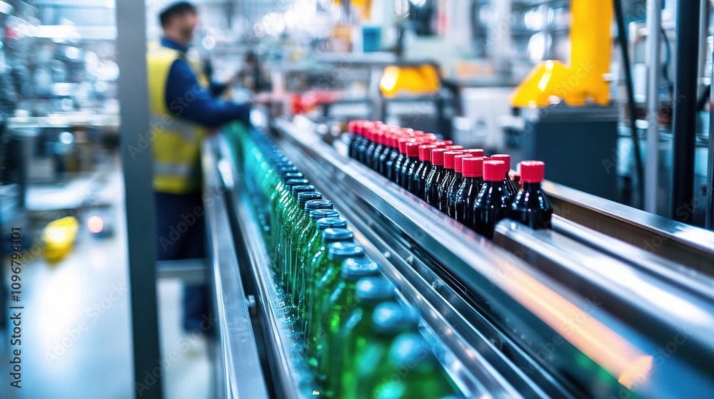 custom made wallpaper toronto digitalColorful Factory Scene with Worker Operating Machinery on Production Line in Bustling Environment, Showcasing Bottles and Industrial Equipment