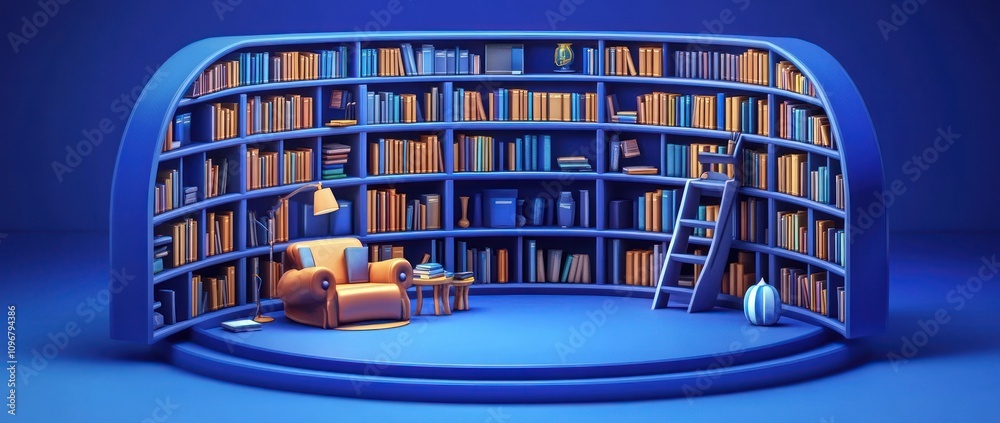 A cozy reading nook with bookshelves, an armchair, and a ladder in a vibrant blue setting. A cozy reading nook with bookshelves, an armchair, and a ladder in a vibrant blue setting.