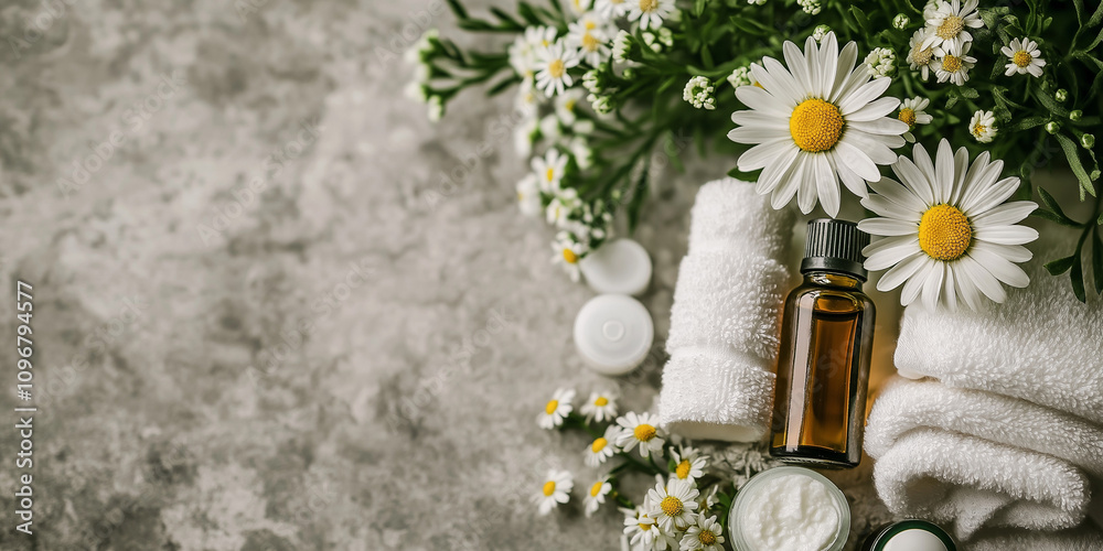 A spa setup featuring chamomile flowers, essential oils, and fresh towels elicits an atmosphere of relaxation and tranquility, emphasizing natural wellness and care. A spa setup featuring chamomile flowers, essential oils, and fresh towels elicits an atmosphere of relaxation and tranquility, emphasizing natural wellness and care.