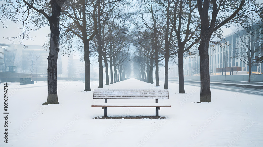 A minimalist snow-covered bench in an empty park A minimalist snow-covered bench in an empty park