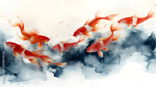 A Chinese ink painting style illustration featuring a vibrant red koi fish swimming gracefully in tranquil water, symbolizing good fortune, perseverance, and strength. The delicate brushwork and fluid