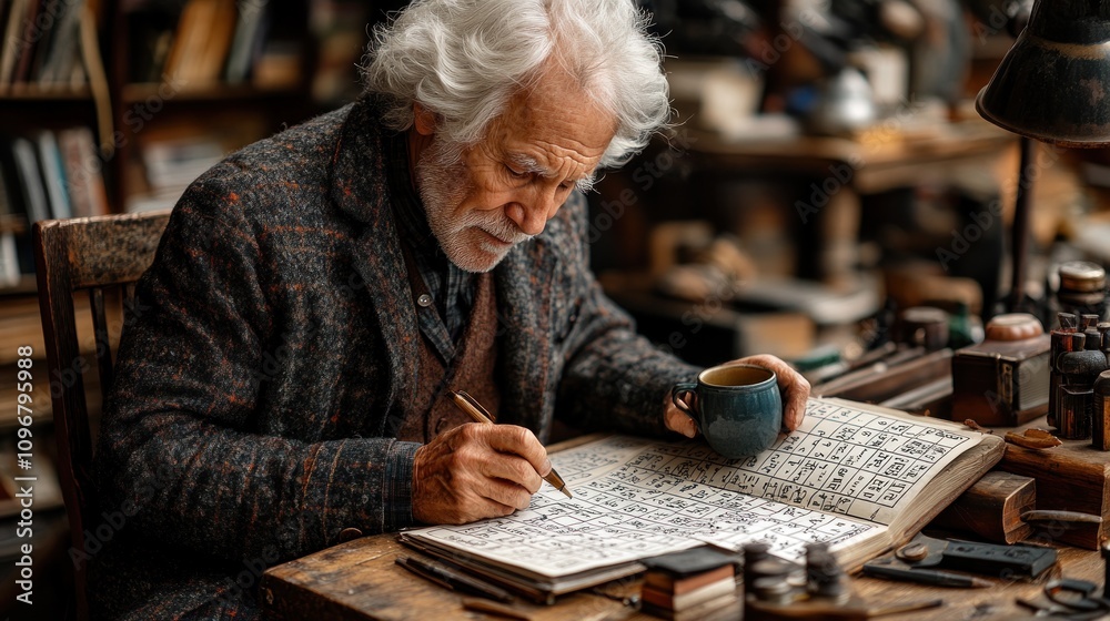 Elderly Man Writing in Antique Book, Cozy Study Elderly Man Writing in Antique Book, Cozy Study