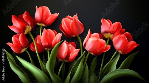 A bouquet of red tulips is displayed on a black background