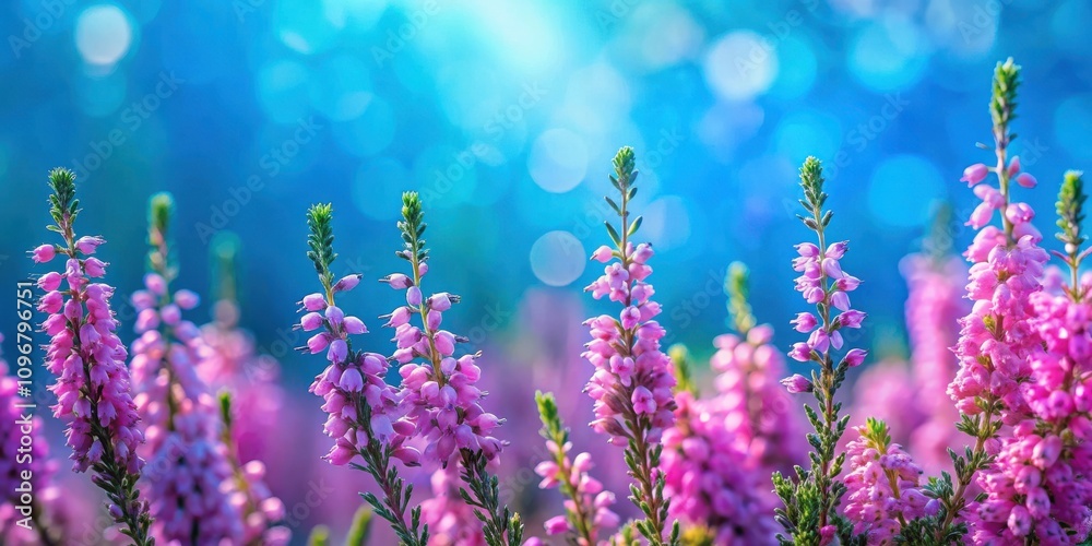 Naklejka premium A vibrant display of delicate pink flowers blooming against a backdrop of soft blue bokeh, capturing the essence of springtime nature.