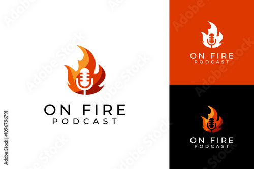 On fire podcast logo design template, fire and microphone concept