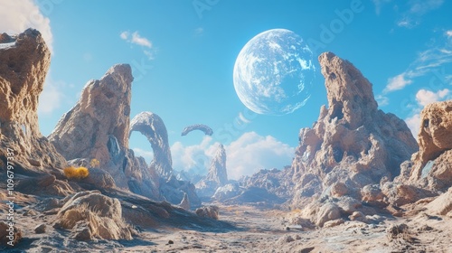 Surreal alien landscape with unique rock formations and a large, bright blue planet in the sky.