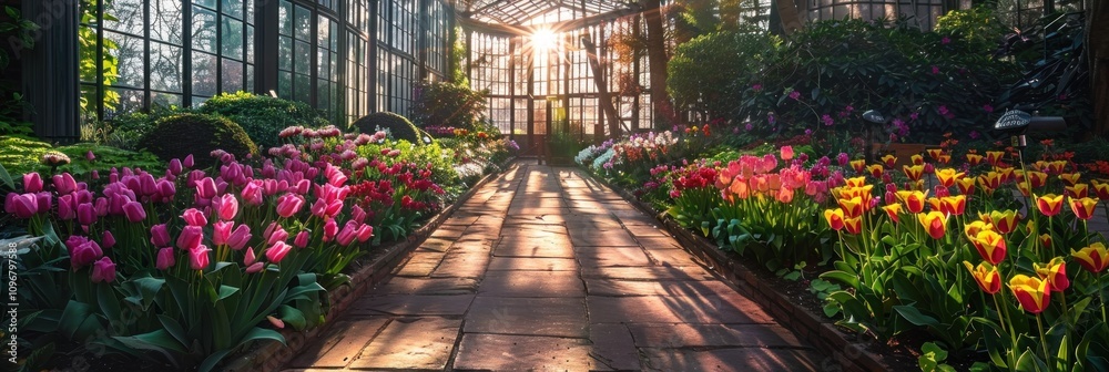 Fototapeta premium Sunlit Greenhouse with Rows of Colorful Tulips