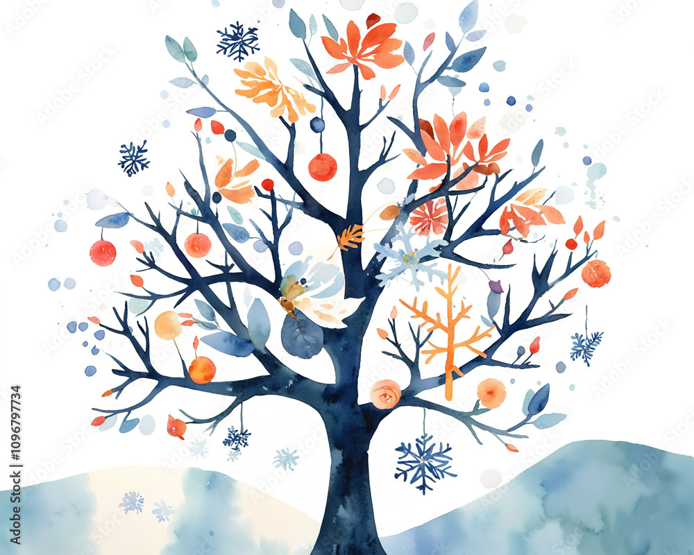 Fototapeta premium Magical Winter Tree in Soft pastel Colors, Peaceful Snowfall, winter delight, holiday decor, Christmas card, festive wall art, environmental awareness.