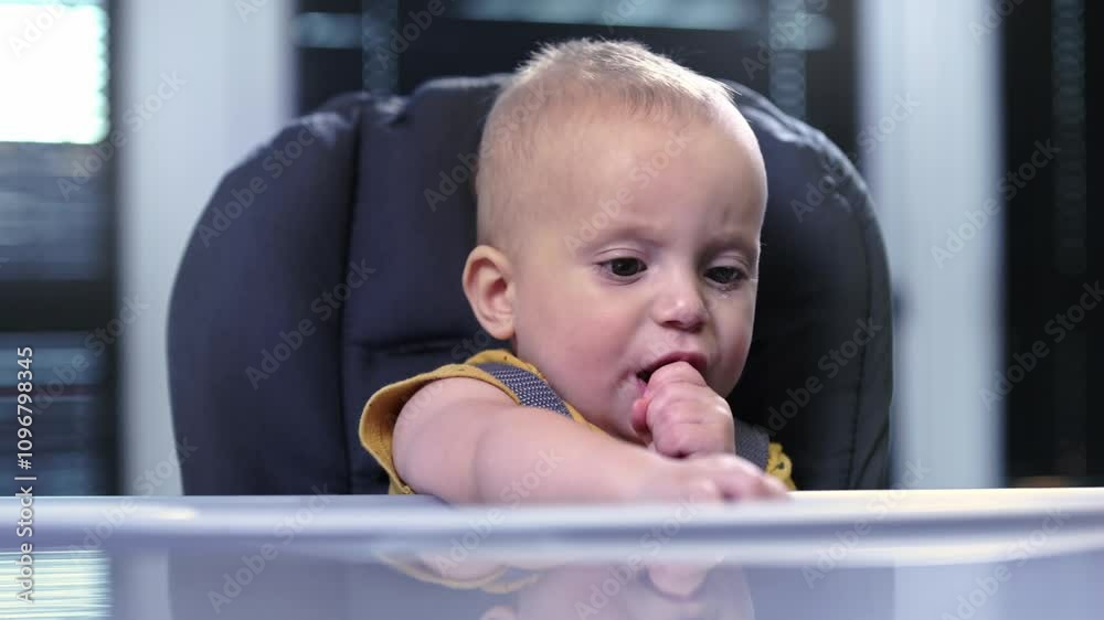 A one-year-old child eats a snack while sitting on a high chair in the kitchen. A one-year-old child eats a snack while sitting on a high chair in the kitchen.