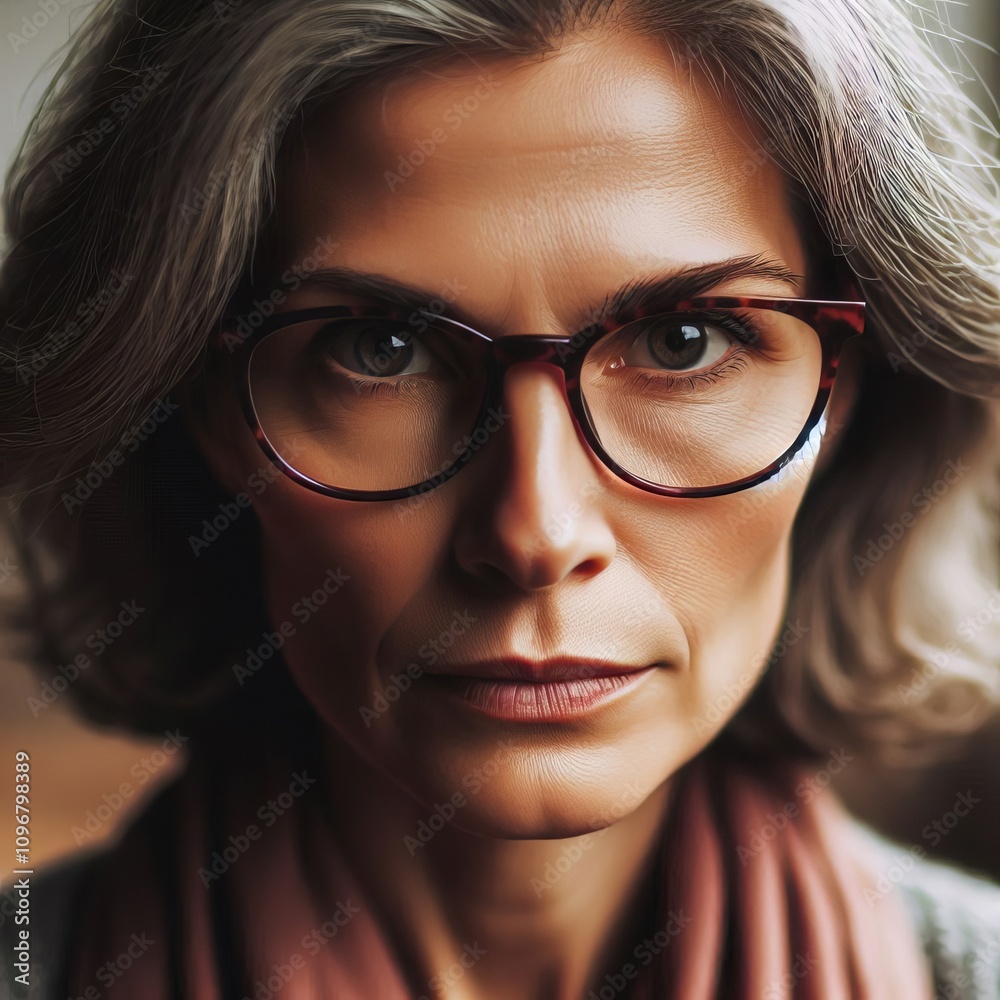 A close up of a middle aged Caucasian woman with glasses looking