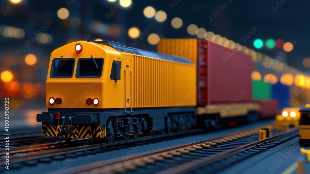 Obraz premium [Multimodal Transport freight management] Vibrant Yellow Train Speeds Away Under Streetlight Glow Night Scene Urban Railways Industrial Landscape.