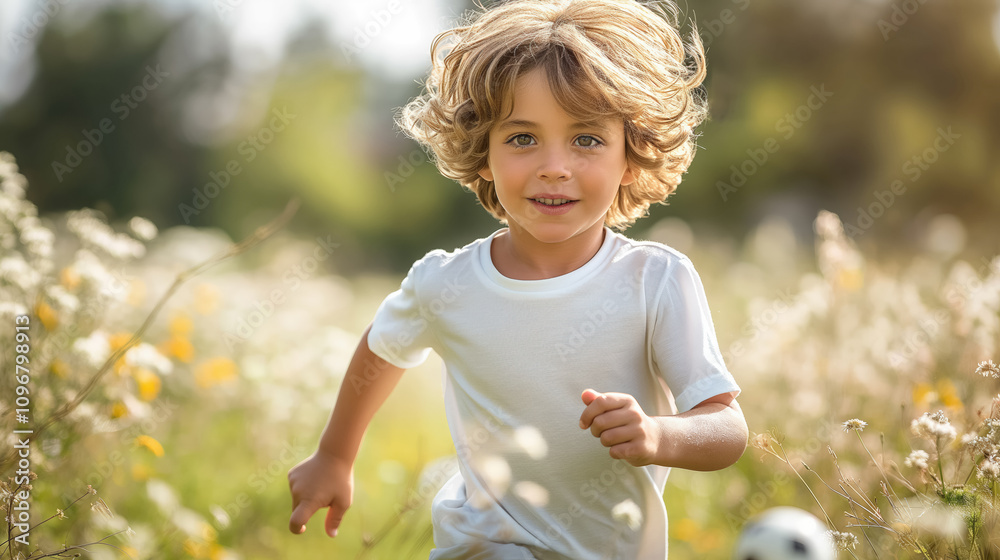 Energetic caucasian child running joyfully through sunny field of wildflowers