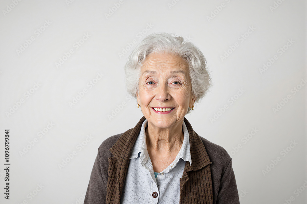 Smiling elderly woman with short white hair, casual portrait, cheerful senior with bright expression, natural beauty, positive mood, white background Smiling elderly woman with short white hair, casual portrait, cheerful senior with bright expression, natural beauty, positive mood, white background