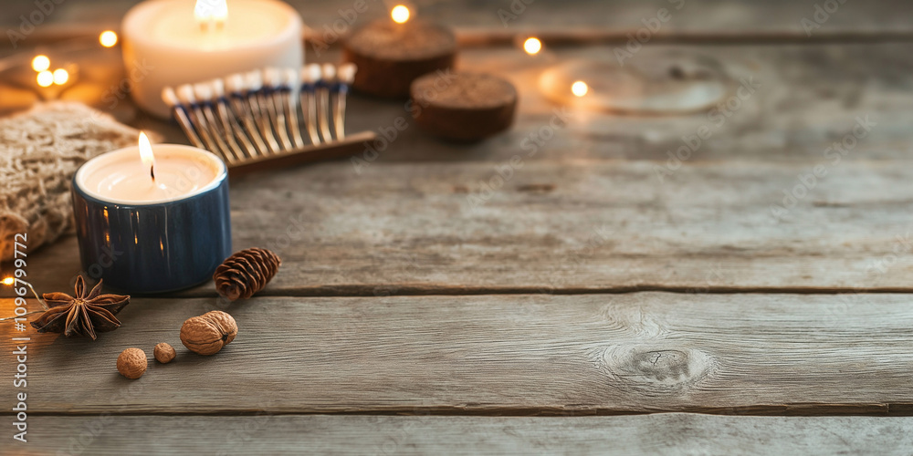 A warm and inviting rustic wooden table setting featuring candles, pine cones, and cozy decorative elements, creating a comforting ambiance and charm. A warm and inviting rustic wooden table setting featuring candles, pine cones, and cozy decorative elements, creating a comforting ambiance and charm.