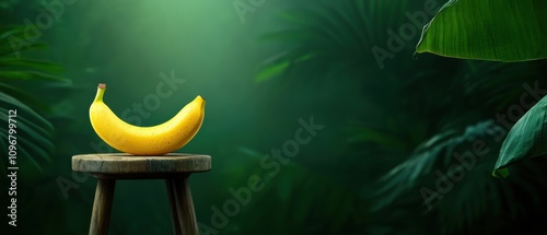 [Banana Smoothie Asian Yellow] Surreal Jungle Perch: Banana on Wooden Bench Defying Gravity Amidst Lush Canopy photo