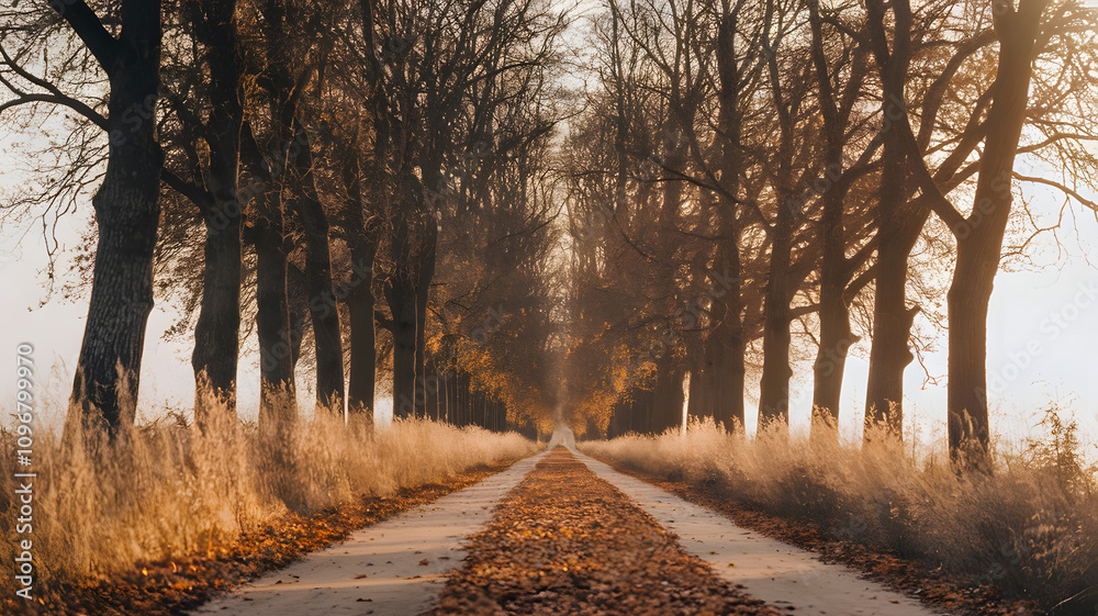 A pathway covered in golden leaves and lined with bare trees